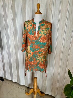 Women’s Paisley-Print Tunic in Teal and Orange